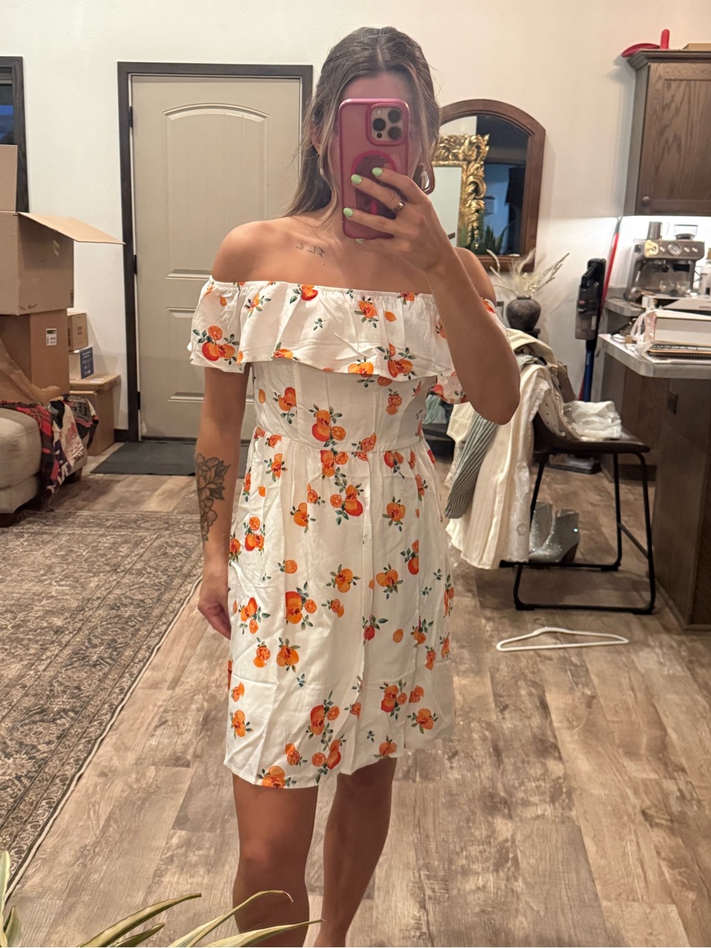 Off-Shoulder White Dress with Orange Floral Print by